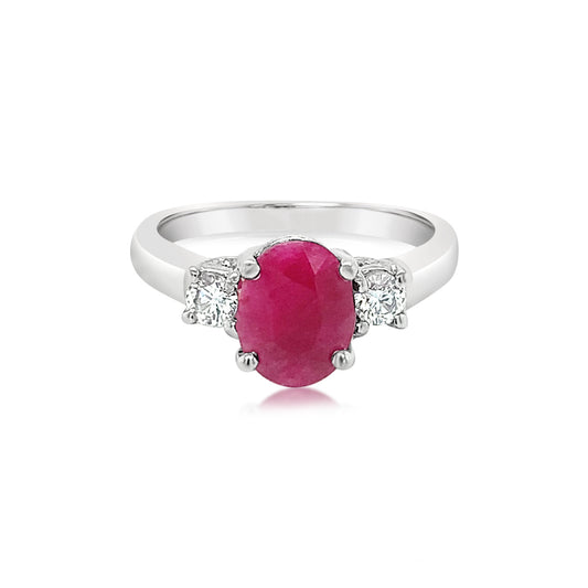 14K White Gold Oval Ruby And Diamond Three Stone Ring (2ctw)