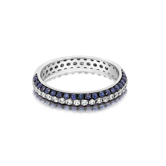 18K White Gold Three Row Sapphire And Diamond Pave Ring (.73ctw)