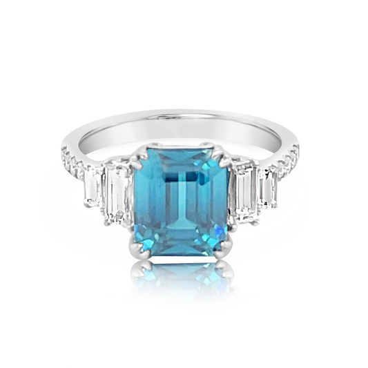 14K White Gold Emerald Cut Blue Zircon Ring (6.42ctw)