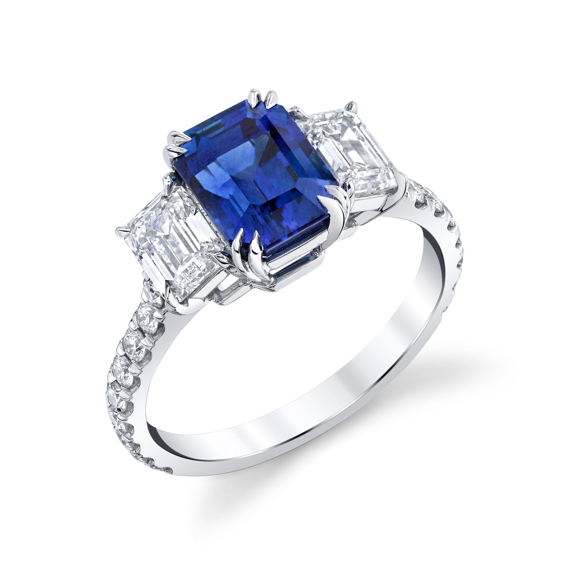 Platinum Emerald Cut Sapphire And Diamond Three Stone Ring (4.20ctw)