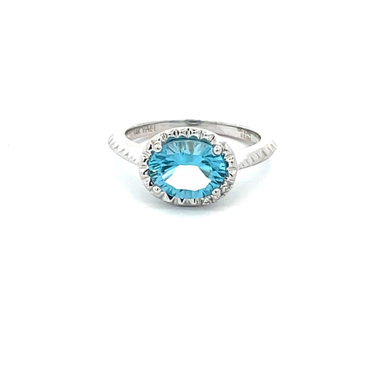 14K White Gold Oval Fantasy Cut Swiss Blue Topaz Halo Ring (2.34ctw) 