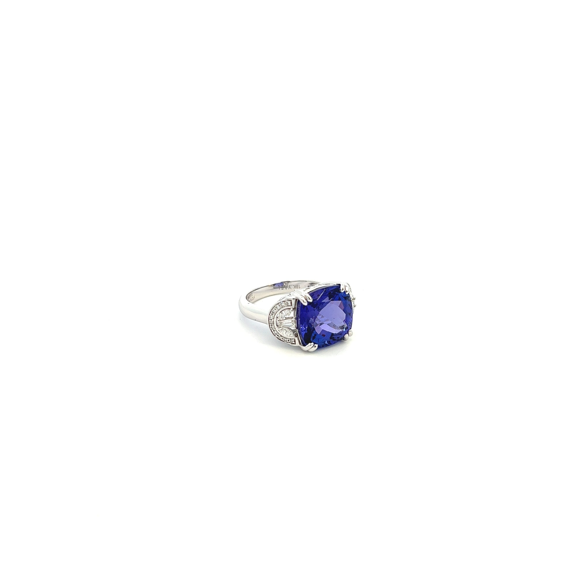 18K White Gold Cushion Tanzanite Ring With Round, Marquise And Baguette Side Diamonds (9.55ctw)