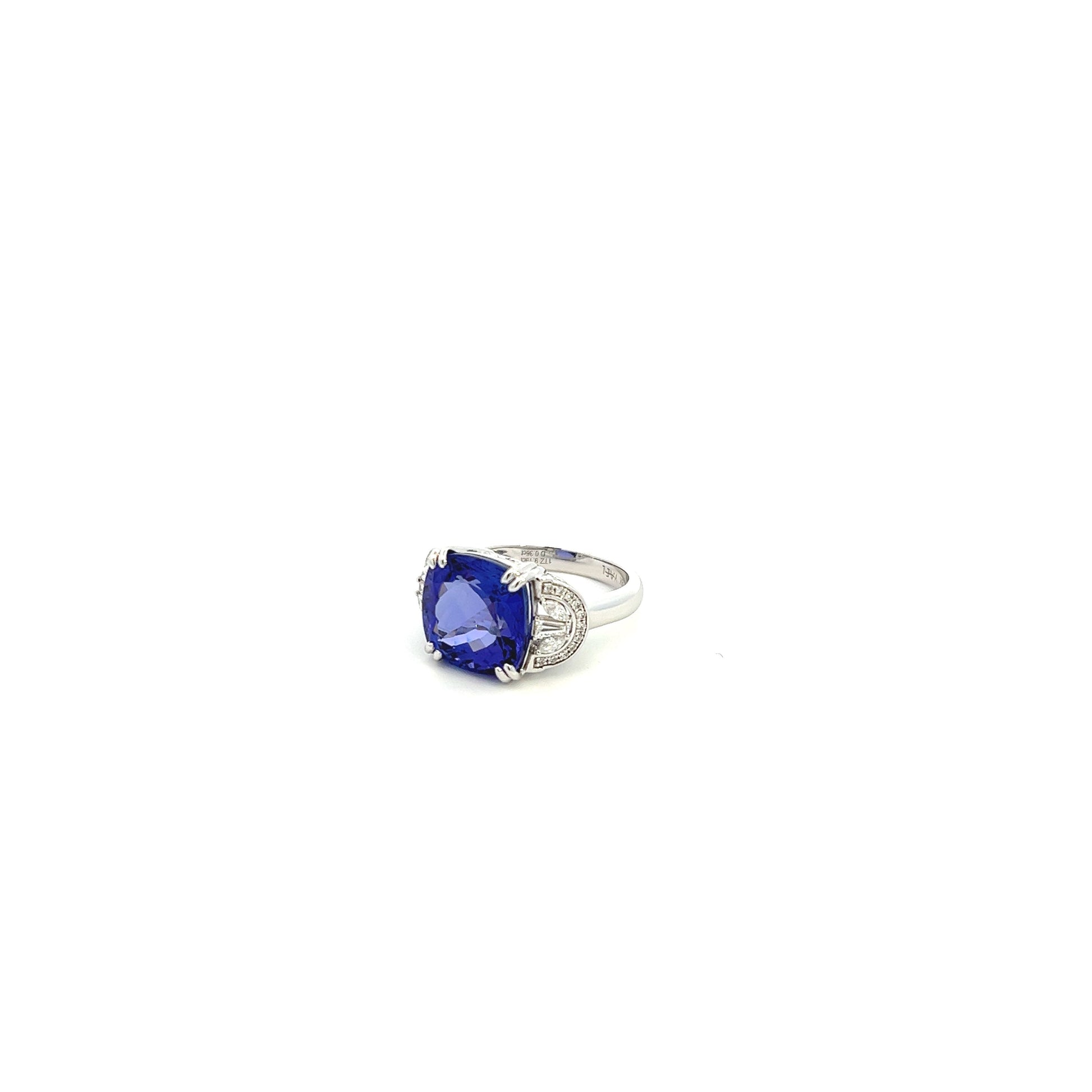 18K White Gold Cushion Tanzanite Ring With Round, Marquise And Baguette Side Diamonds (9.55ctw)