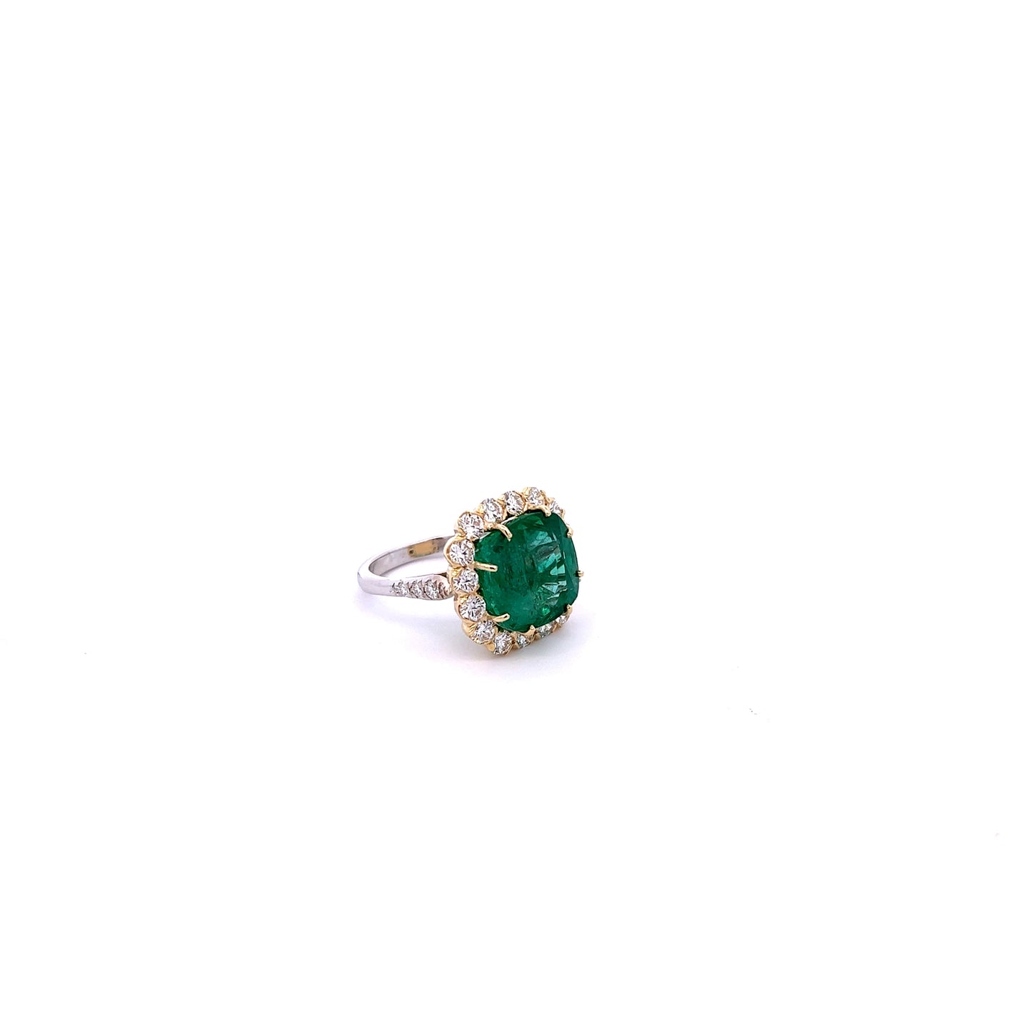 18K Yellow And White Gold Cushion Cut Emerald And Diamond Halo Ring (12.01ctw)