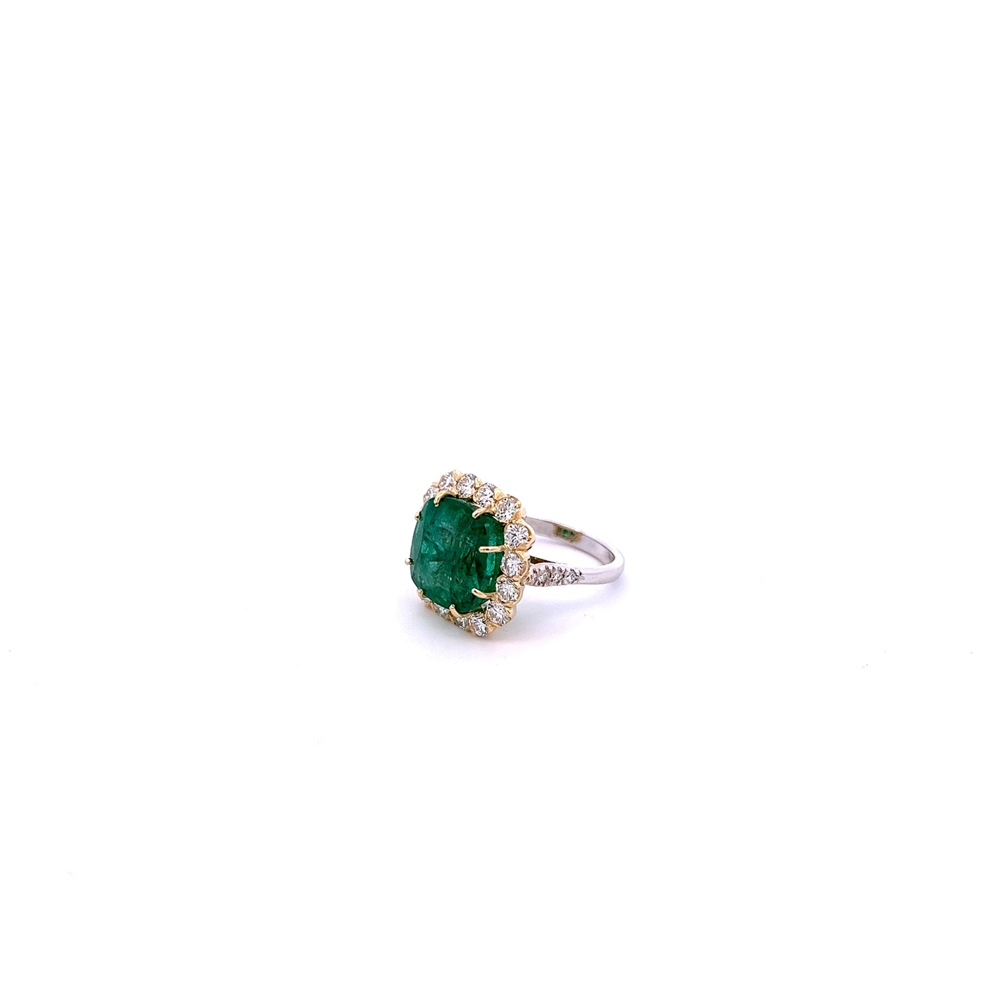 18K Yellow And White Gold Cushion Cut Emerald And Diamond Halo Ring (12.01ctw)