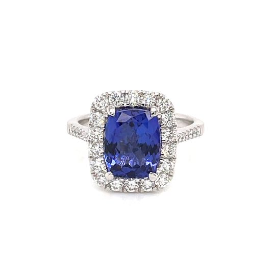 14K White Gold Cushion Cut Tanzanite Halo Ring (3.95ctw)