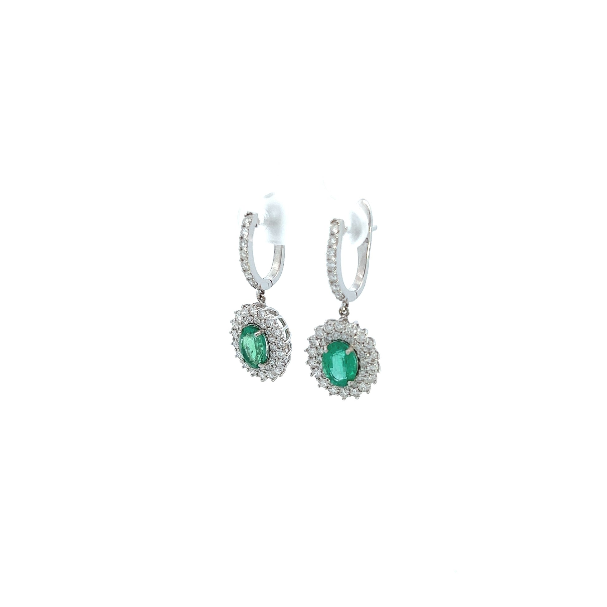 18K White Gold Emerald And Diamond Halo Dangle Earrings (4.19ctw) 