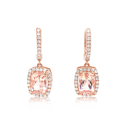 14K Rose Gold Cushion Cut Morganite And Diamond Halo Drop Earrings (3.06ctw)