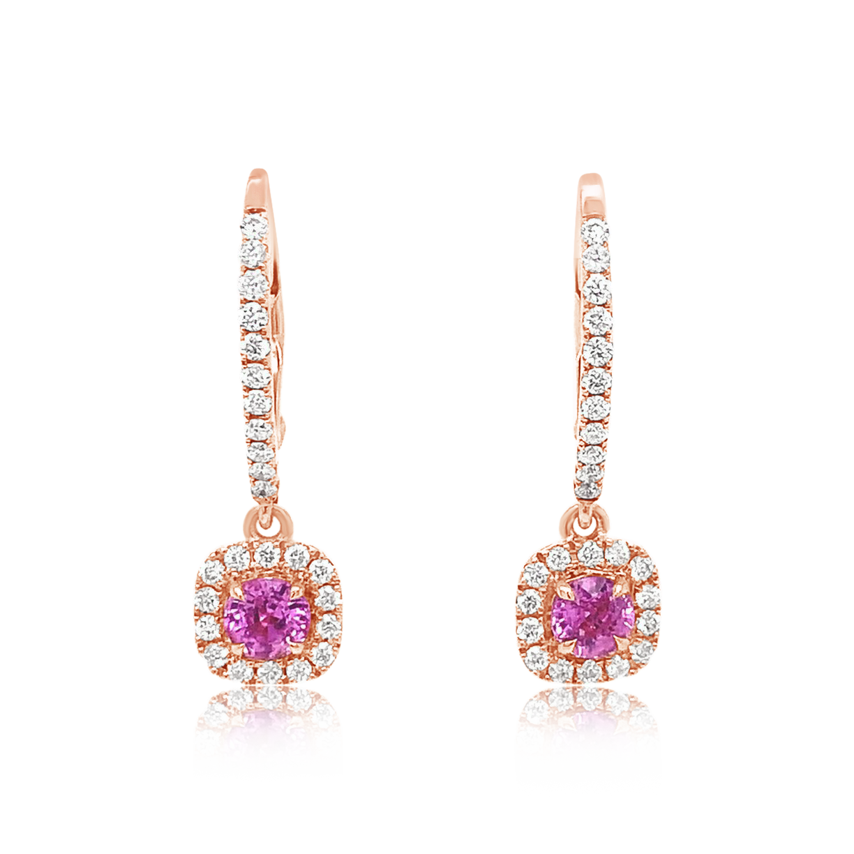 14K Rose Gold Cushion Cut Pink Sapphire And Diamond Halo Drop Earrings (1.53ctw) 