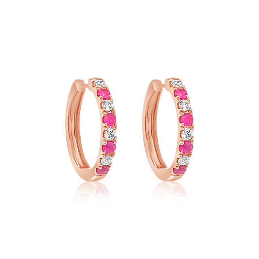 14K Rose Gold Pink Sapphire And Diamond Huggie Hoops (.89ctw) 