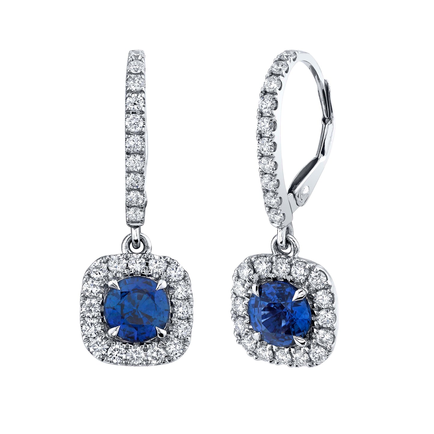 14K White Gold Round Sapphire And Diamond Halo Drop Earrings (2.96ctw)