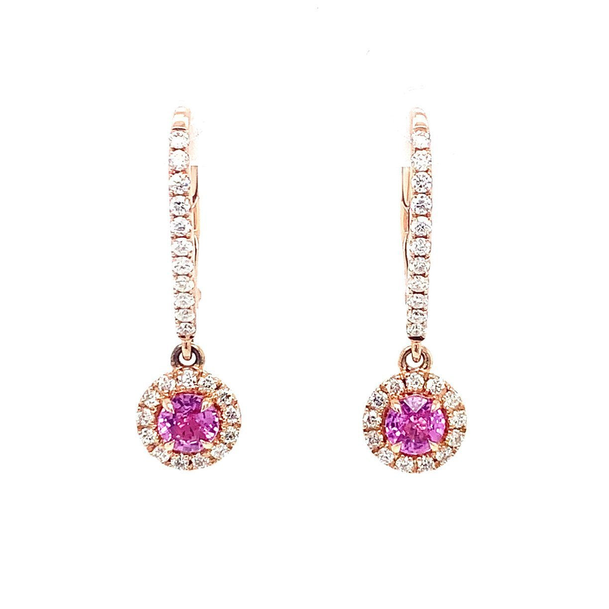 14K Rose Gold Pink Sapphire And Diamond Halo Drop Earrings (1.43ctw) 