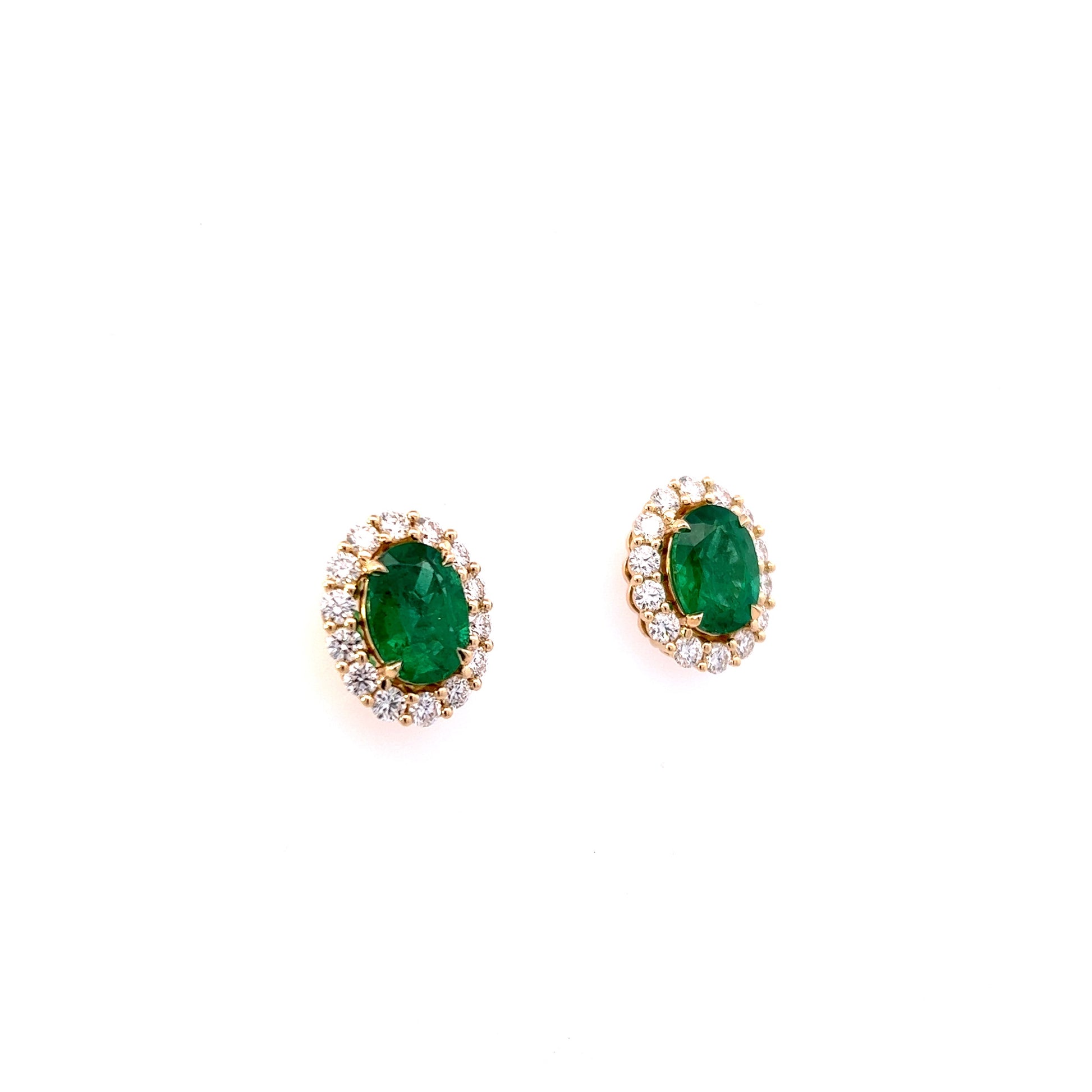 18K Yellow Gold Oval Emerald And Diamond Halo Stud Earrings (6.11ctw) 