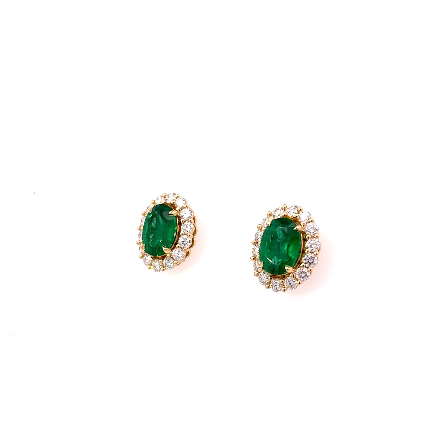 18K Yellow Gold Oval Emerald And Diamond Halo Stud Earrings (6.11ctw) 