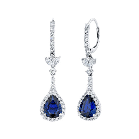 18K White Gold Pear Shape Sapphire And Diamond Halo Drop Earrings (4.23ctw)