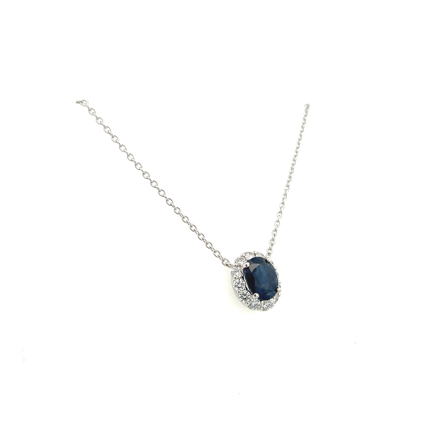 14K White Gold Oval Sapphire And Diamond Halo Necklace (3.55ctw) 