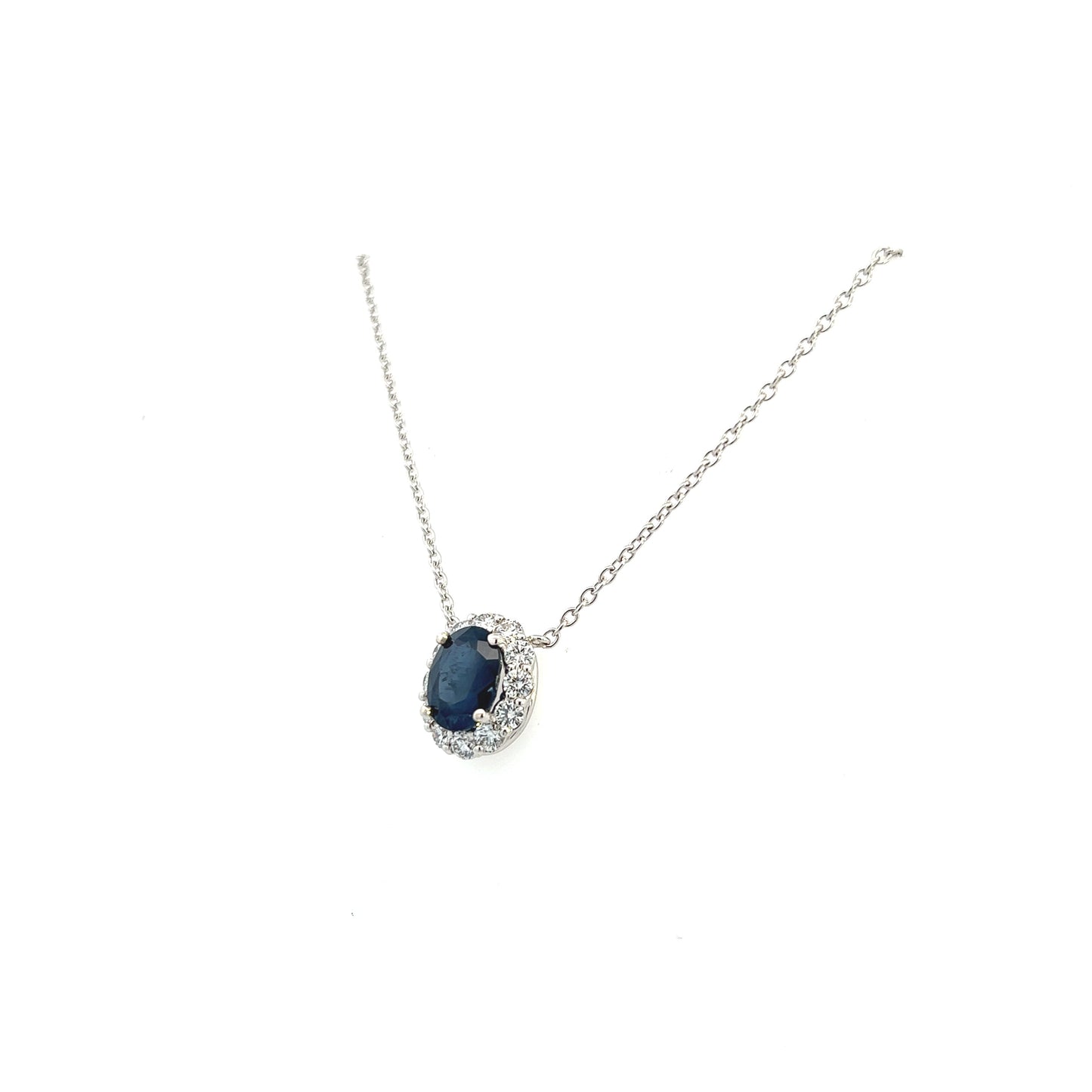 14K White Gold Oval Sapphire And Diamond Halo Necklace (3.55ctw) 