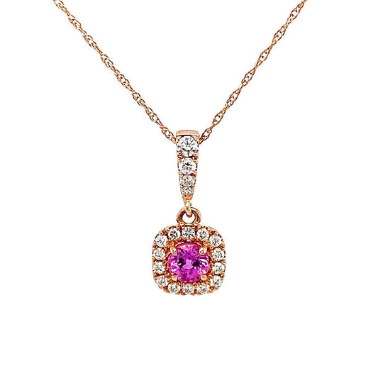 14K Rose Gold Cushion Cut Pink Sapphire And Diamond Halo Necklace (.73ctw)