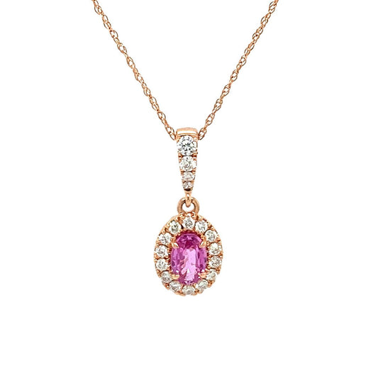 14K Rose Gold Oval Pink Sapphire And Diamond Halo Necklace (.83ctw)