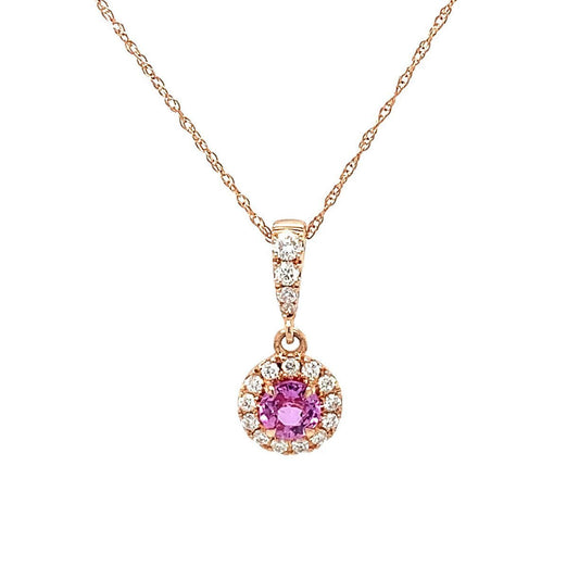 14K Rose Gold Round Pink Sapphire And Diamond Halo Necklace (.73ctw) 