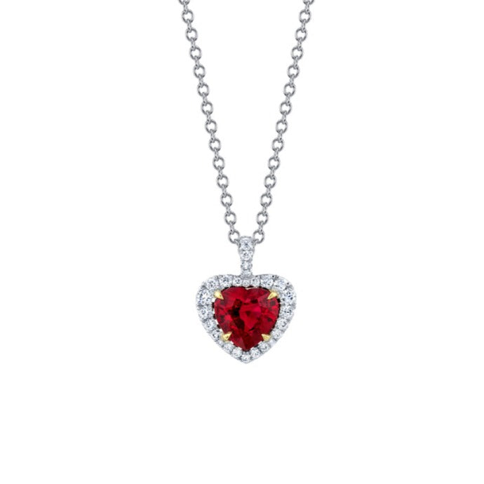 Platinum and 18K Yellow Gold Heart Shape Ruby and Diamond Halo Necklace (1.24ctw)