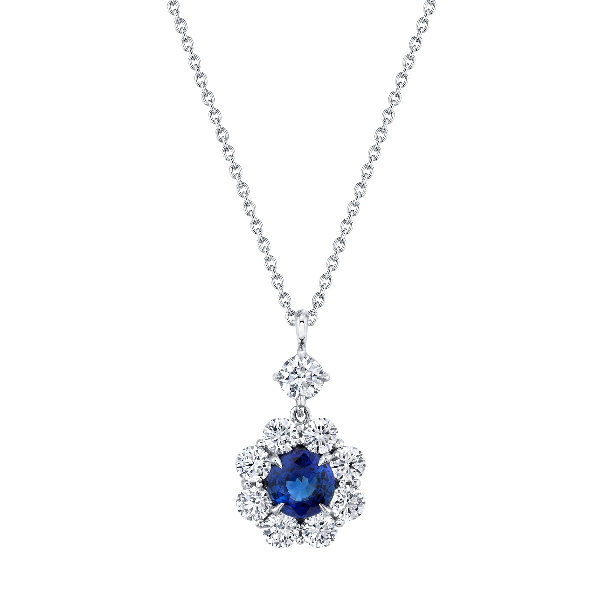 Platinum Sapphire And Diamond Halo Necklace (2.44ct)