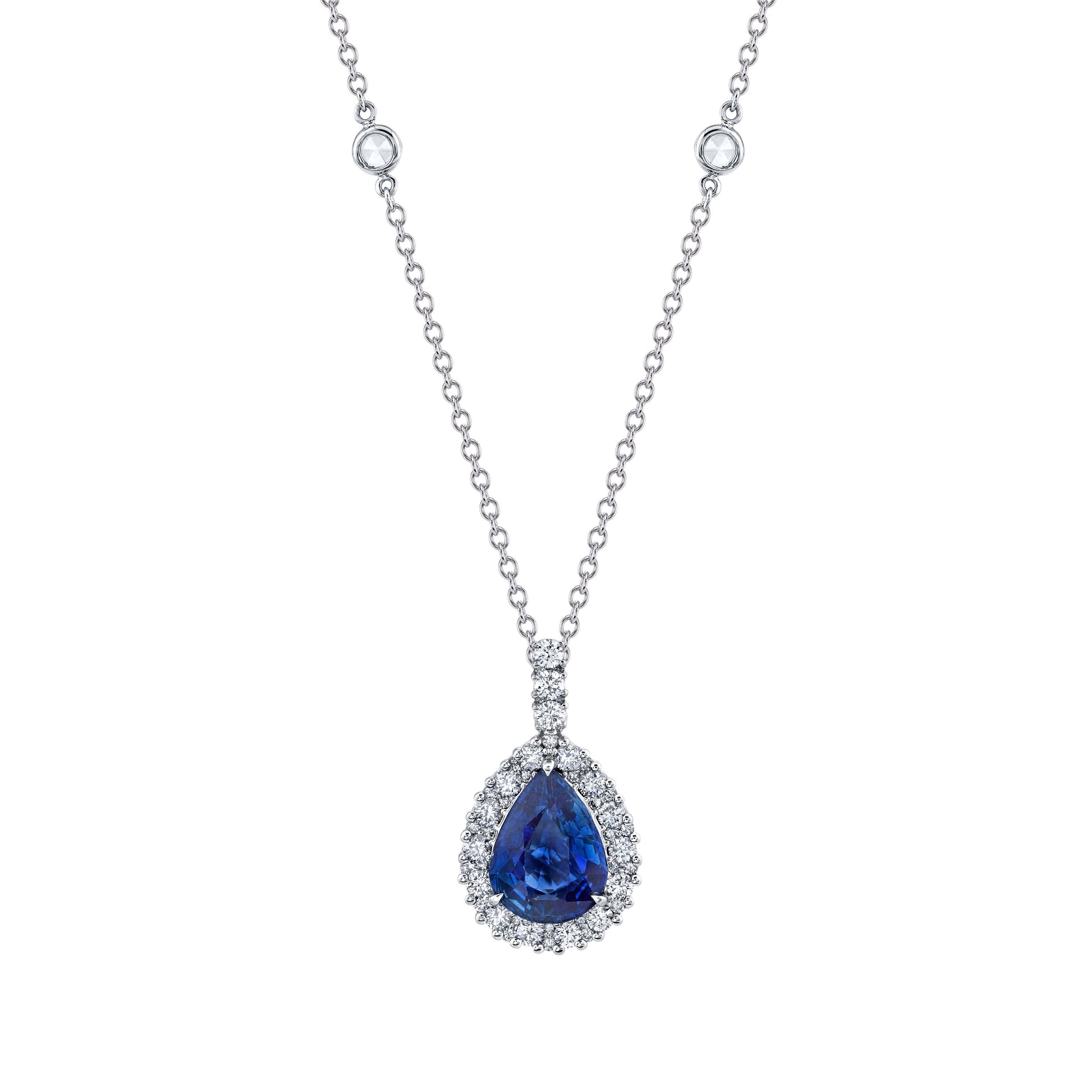 14K White Gold Pear Shape Sapphire And Diamond Halo Necklace (4.25ctw)