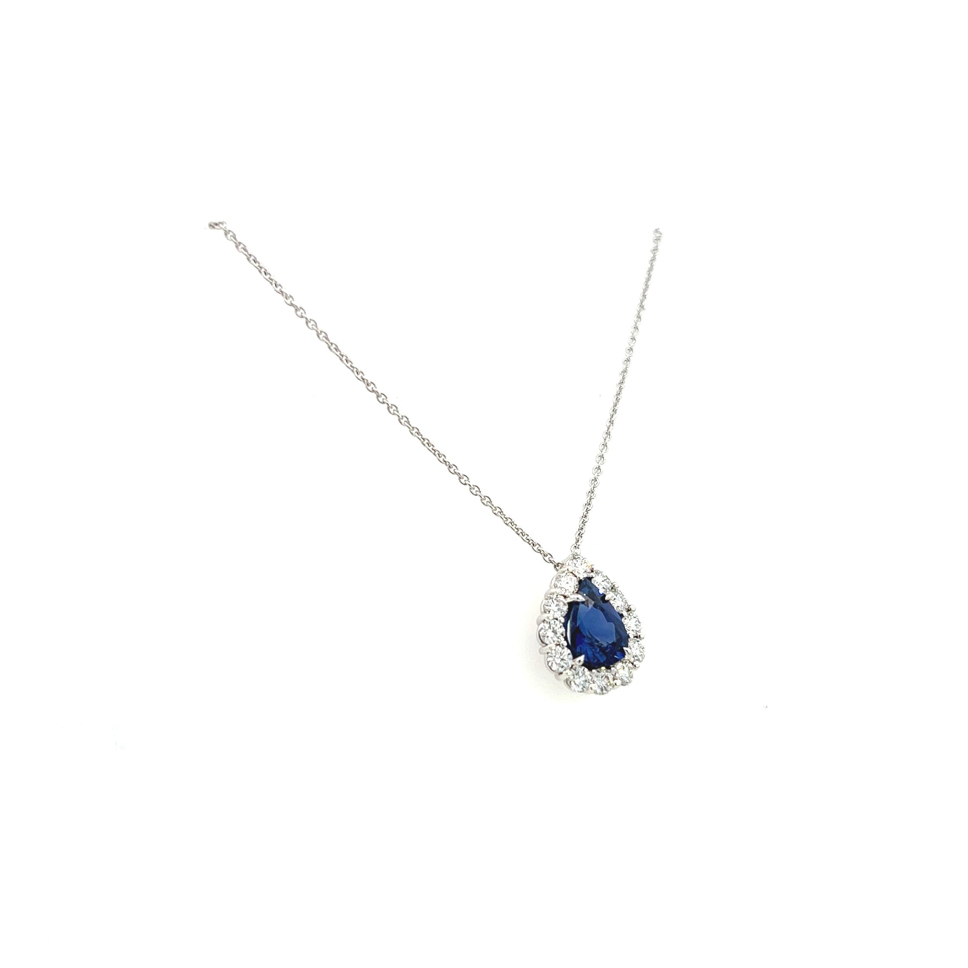 18K White Gold Pear Shape Sapphire And Diamond Halo Necklace (2.81ctw)
