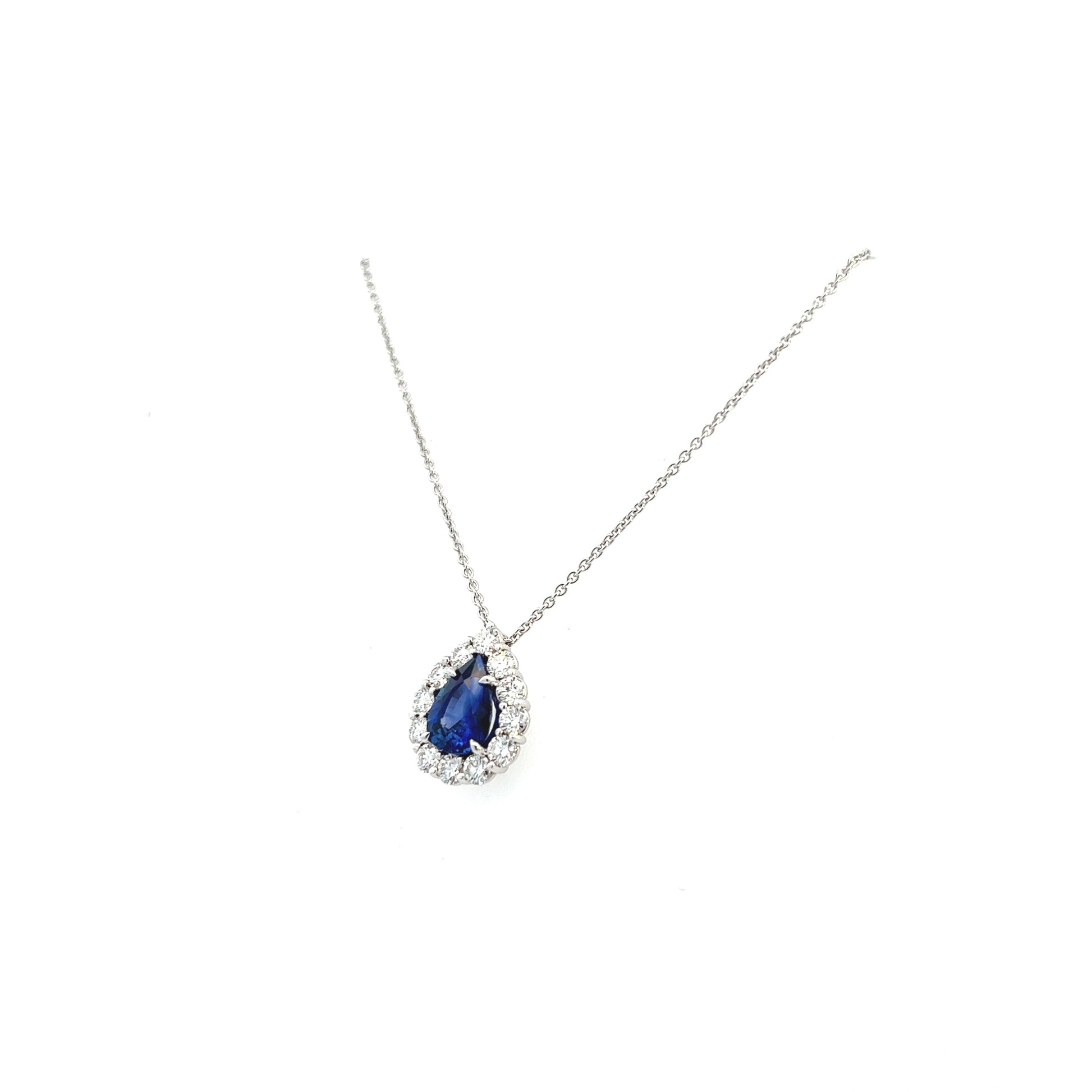 18K White Gold Pear Shape Sapphire And Diamond Halo Necklace (2.81ctw)