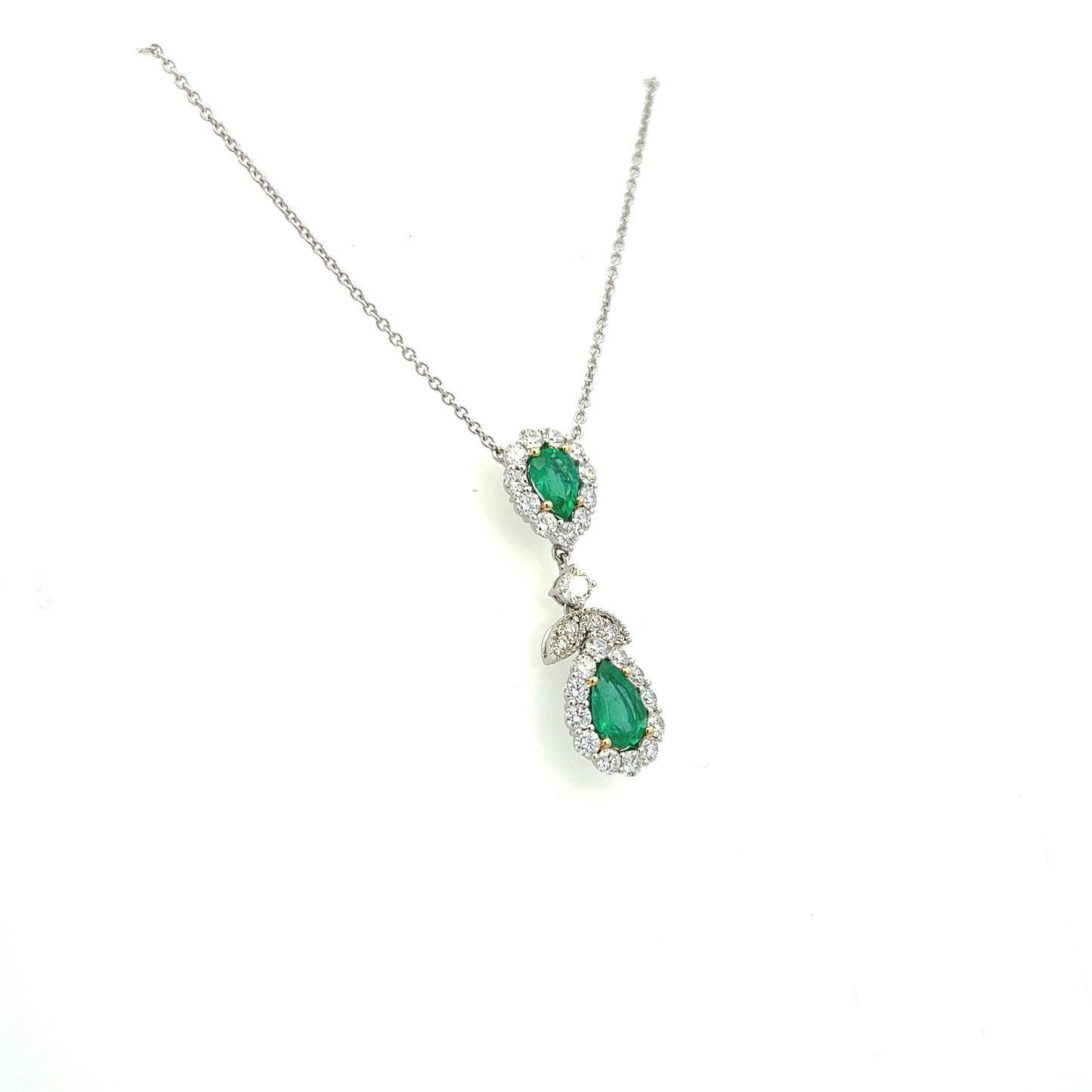 18K White and Yellow Gold Pear Shape Emerald And Diamond Halo Drop Necklace (2.96ctw) 