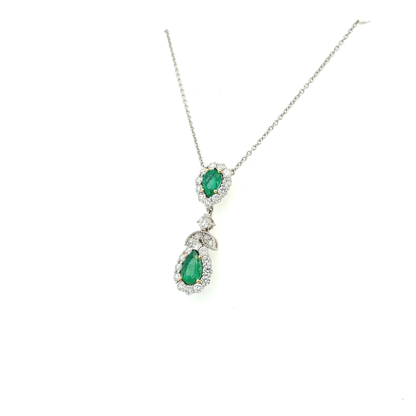 18K White and Yellow Gold Pear Shape Emerald And Diamond Halo Drop Necklace (2.96ctw) 