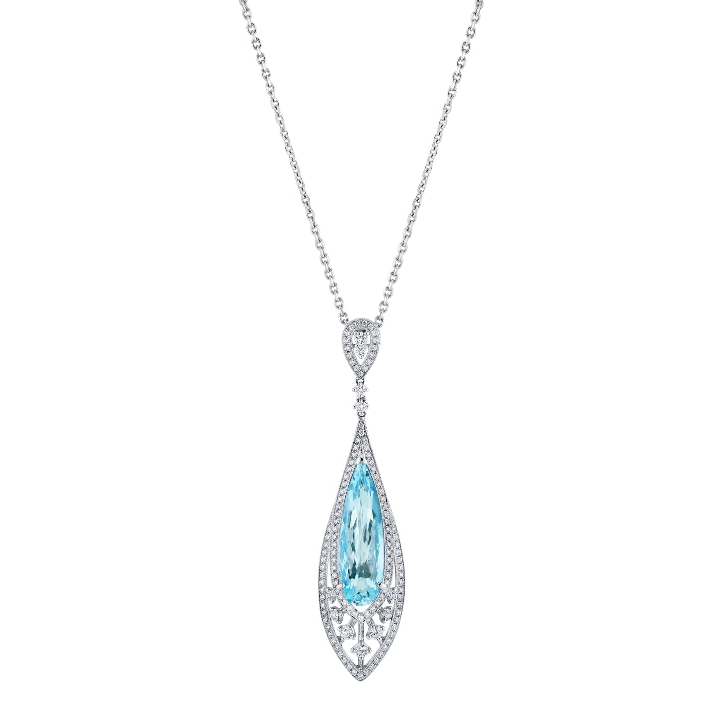 18K White Gold Pear Shape Aquamarine and Diamond Pendant (8.14ctw)