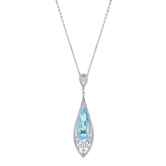 18K White Gold Pear Shape Aquamarine and Diamond Pendant (8.14ctw)