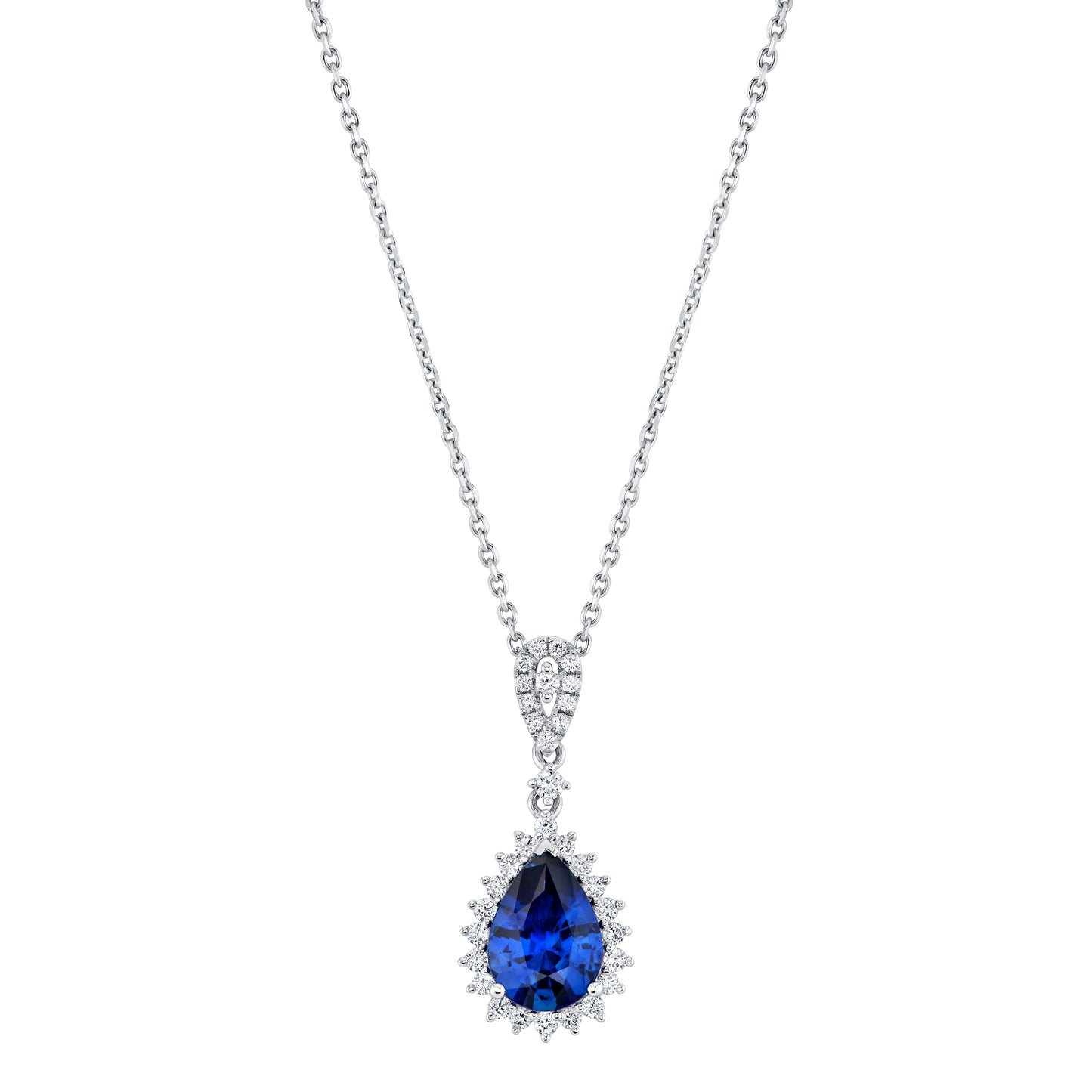 18K White Gold Pear Shape Sapphire And Diamond Halo Pendant (2.54ctw)