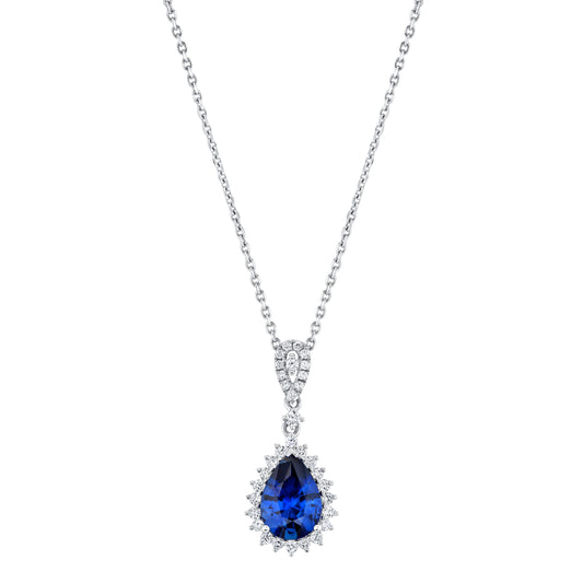 18K White Gold Pear Shape Sapphire And Diamond Halo Pendant (2.54ctw)