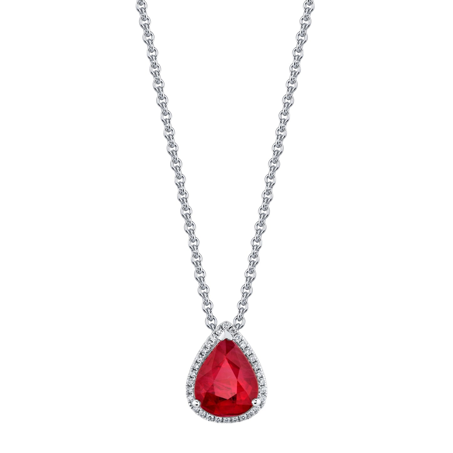 18K White Gold Pear Shape Burmese Ruby Pendant With Diamond Halo (2.01ctw)