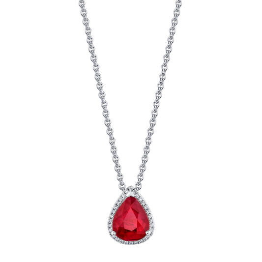 18K White Gold Pear Shape Burmese Ruby Pendant With Diamond Halo (2.01ctw)