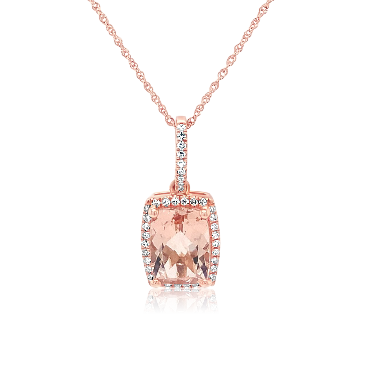 14K Rose Gold Cushion Cut Morganite And Diamond Halo Necklace (3.53ct)