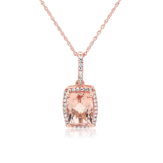 14K Rose Gold Cushion Cut Morganite And Diamond Halo Necklace (3.53ct)