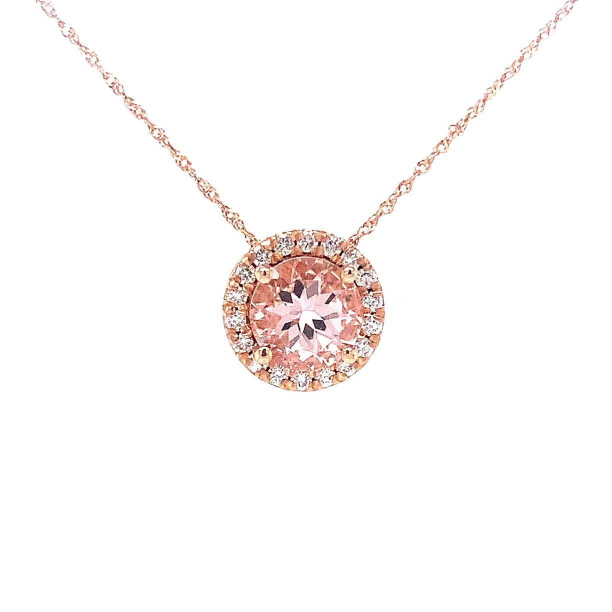 14K Rose Gold Round Morganite And Diamond Halo Pendant (1.94ctw) 