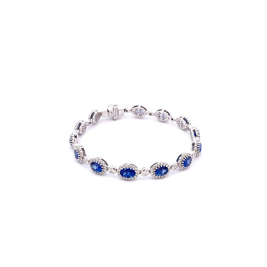 14K White Gold Oval Sapphire And Diamond Halo Tennis Bracelet (10.66ctw)