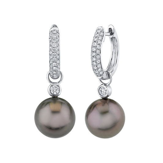 18K White Gold Tahitian Pearl And Diamond Huggie Drop Earrings (.45ctw)