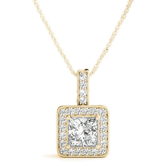 14K Yellow Gold Princess Cut Diamond Halo Pendant With Milgrain Accents (1.25ctw)