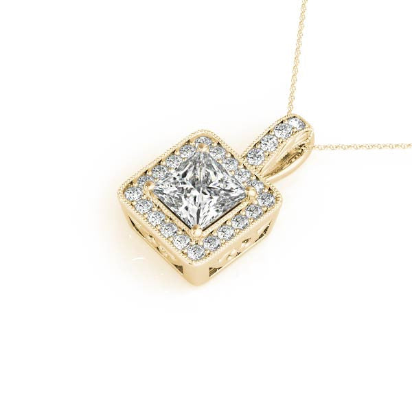 14K Yellow Gold Princess Cut Diamond Halo Pendant With Milgrain Accents (1.25ctw)