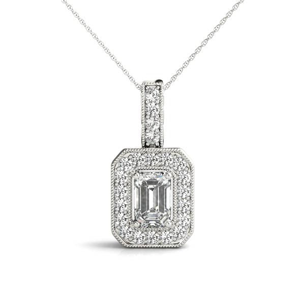 14K White Gold Emerald Cut Diamond Halo Pendant With Milgrain Accents (1.25ctw)