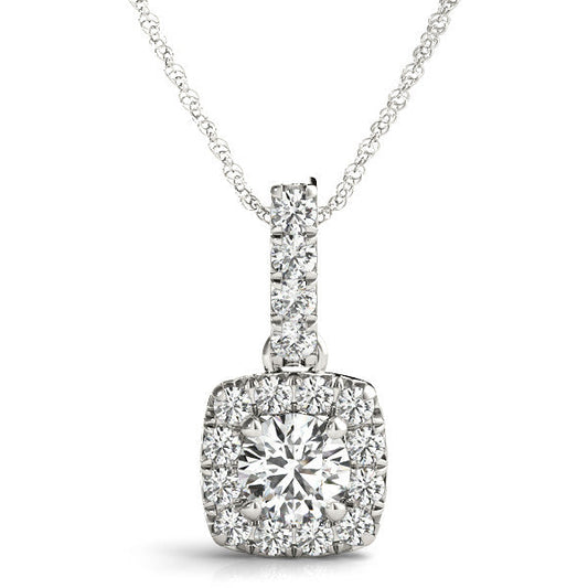 14K White Gold Round Diamond In Cushion Halo Pendant (1.10ctw)