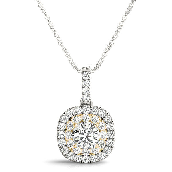 14K White And Yellow Gold Round Brilliant Diamond In A Double Cushion Halo Pendant (1.30ctw)