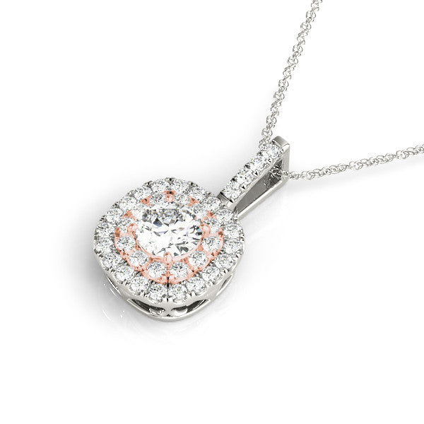 14K White And Rose Gold Round Brilliant Diamond In A Double Cushion Halo Pendant (1.30ctw)