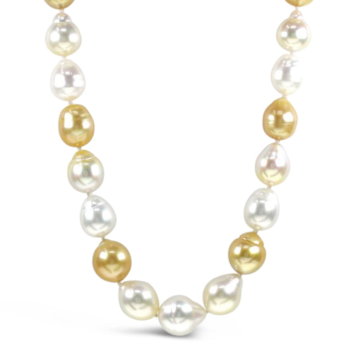 Golden and White South Sea Baroque Pearl Strand With 18K Yellow Gold Clasp (9-12MM)