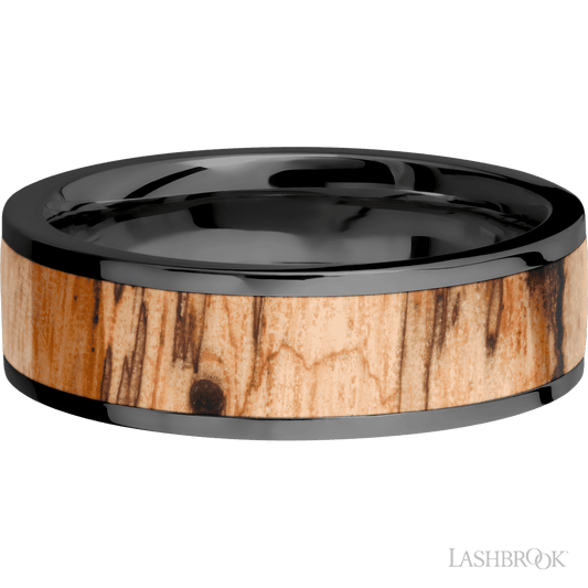 Zirconium Men's 8MM Wedding Ring with Polish Finish and Spalted Tamarind Inlay